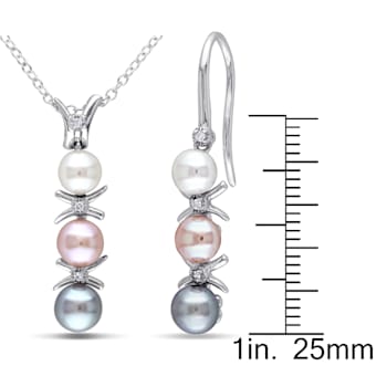 4.5-5.5MM Multi-color Freshwater Cultured Pearl & Diamond Earrings
& Pendant Set in Sterling Silver