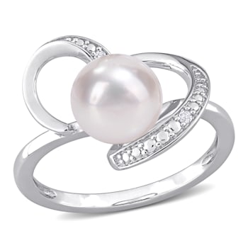 8-8.5MM Freshwater Cultured Pearl and Diamond Accent Heart Ring in
Sterling Silver