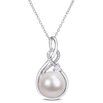 11-12MM Freshwater Cultured Pearl & 1/6 CT TGW Created Sapphire
& Diamond Pendant in Sterling Silver