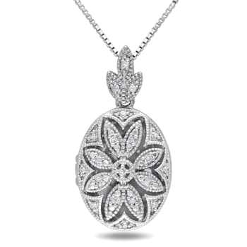 1/10 CT TW Diamond Floral Locket Pendant with Chain in Sterling Silver