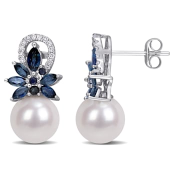 Freshwater Cultured Pearl, 1 1/8 CT TGW Sapphire, 1/8 CT TW Diamond
Earrings in 14K White Gold
