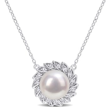 9.5-10MM  Freshwater Cultured Pearl and 1/6 CT TGW Created Sapphire
Pendant in Sterling Silver