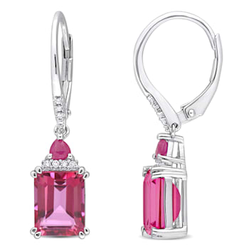 6 1/3 CT TGW Pink Topaz, Ruby and 1/10 CT TW Diamond Earrings in
Sterling Silver