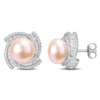 9-9.5MM Pink Cultured Pearl and 2 1/8 ctw Cubic Zirconia Swirl Earrings
in Sterling Silver