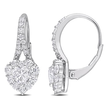 2 CT DEW Created Moissanite Heart Halo Leverback Earrings in Sterling Silver