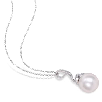 11-12MM Freshwater Cultured Pearl and Diamond Accent Pendant with Chain
in Sterling Silver