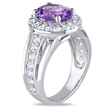 3 3/8 CT TGW Amethyst and Created White Sapphire Halo Ring in Sterling Silver