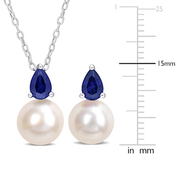 8.5-9MM Freshwater Cultured Pearl and Created Sapphire Earrings and
Necklace Set in Sterling Silver