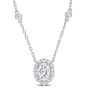 1 1/2 CT DEW Created Moissanite Halo Station Necklace in Sterling Silver