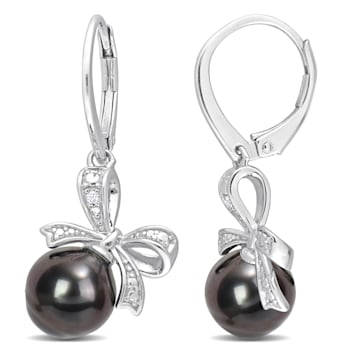 8-9MM Black Tahitian Cultured Pearl and Diamond Accent Bow Leverback
Earrings in Sterling Silver