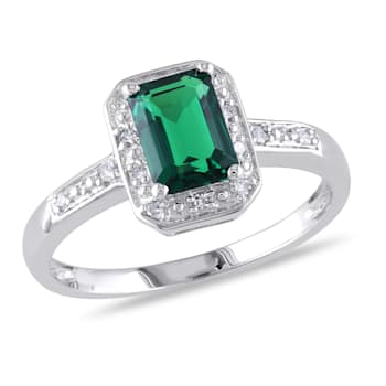 7/8 CT TGW Created Emerald and Diamond Accent Halo Ring in Sterling Silver