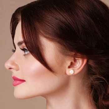 8-8.5 MM Cultured Freshwater Pearl Halo Link Stud Earrings in Yellow
Plated Sterling Silver