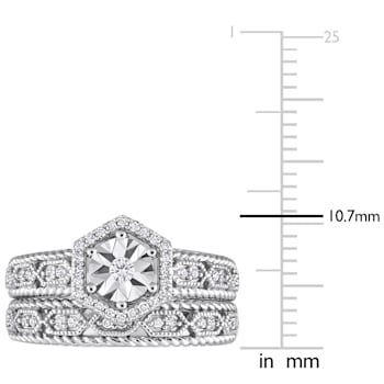1/4 CT TW Diamond Hexagon Halo Bridal Ring Set in Sterling Silver