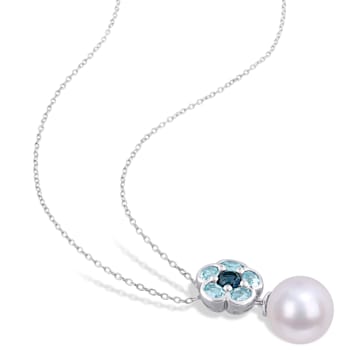 11-12MM Freshwater Cultured Pearl and 1 3/5 CT TGW Blue Topaz Pendant in
Sterling Silver