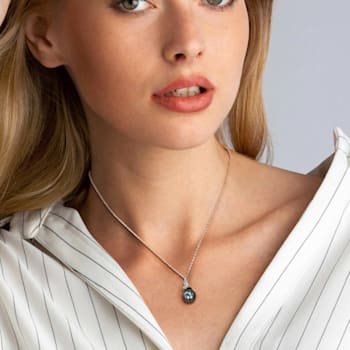 9-9.5MM Black Tahitian Cultured Pearl and  1/10 CT TW Diamond Pendant
with Chain in Sterling Silver
