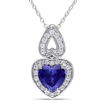 3 1/10 CTW Created Blue and Created White Sapphire Heart Halo Sterling
Silver Pendant w/Chain