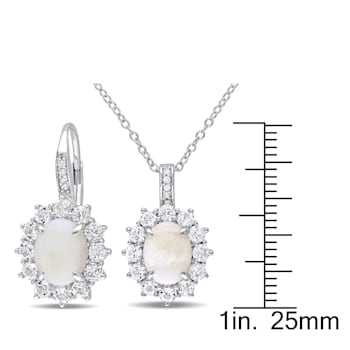 2-Pcs Set of 5 7/8 CT TGW Opal and Diamond Halo Leverback Earrings and
Pendant in Sterling Silver