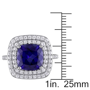 7 1/10 CT TGW Created Blue and White Sapphire Double Halo Ring in
Sterling Silver