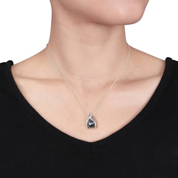9.5-10MM Black Tahitian Cultured Pearl Crisscross Pendant with Chain in
Sterling Silver
