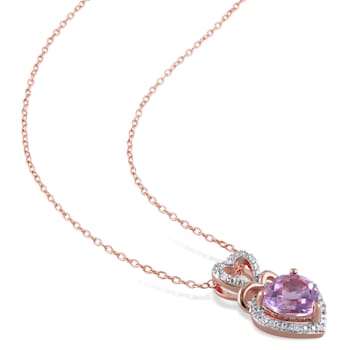 1 5/8 CTW Rose de France and Diamond Triple Heart Halo Pendant with
Chain in 2-Tone Sterling Silver