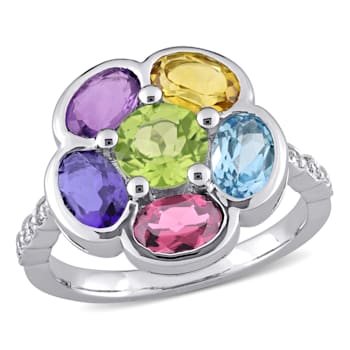 3 3/8 CT TGW Multi Gemstones and Diamond Accent Floral Ring in Sterling Silver