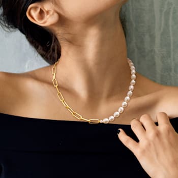 4.5-7.5 MM Freshwater Cultured Pearl Link Chain Necklace in 18K Yellow
Gold Over Sterling Silver