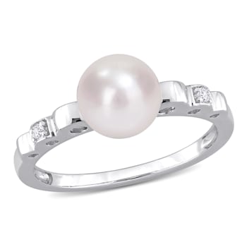 7-7.5MM Freshwater Cultured Pearl and Created White Sapphire Ring in
Sterling Silver