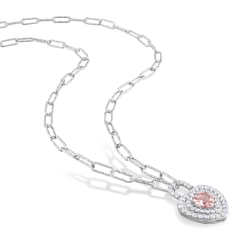 1 3/8 CT TGW Morganite and Created White Sapphire Double Halo Heart Lock
Necklace in Sterling Silver