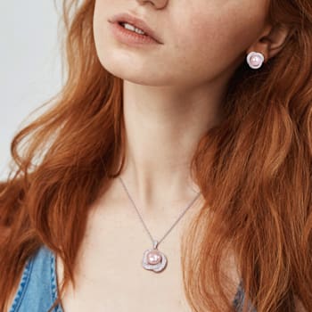 9.5-10.5MM Pink Freshwater Cultured Pearl & Cubic Zirconia Pendant
& Earrings Set in Sterling Silver