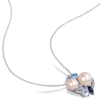 6.5-8MM Freshwater Cultured Pearl Multi-gems Earrings and Pendant Set in
Sterling Silver