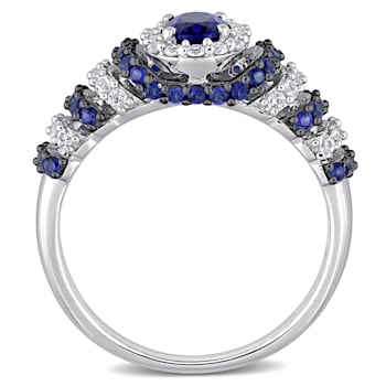 1 1/2 CT TGW Created Blue and White Sapphire Vintage Ring in Sterling Silver