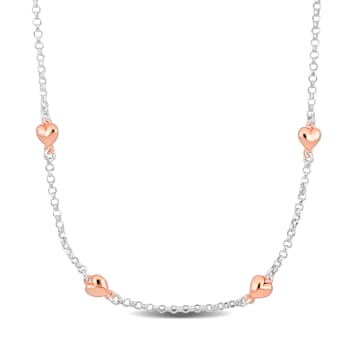 Heart Charm Station Necklace in 2-Tone Sterling Silver