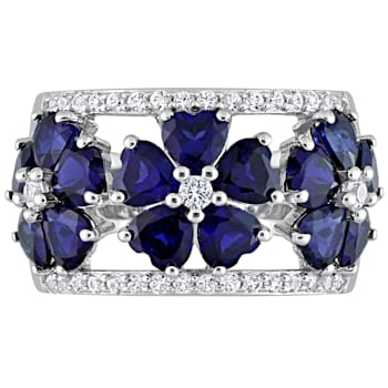 4 1/2 CT TGW Created Blue and White Sapphire Floral Ring in Sterling Silver