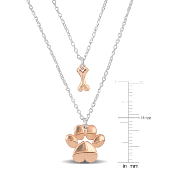 Pink Paw and Bone Two Strand Charm Necklace in 2-Tone Sterling Silver