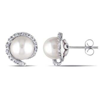 8-8.5MM Freshwater Cultured Pearl and 1/10 CT TW Daimond Halo Stud
Earrings in 10K White Gold