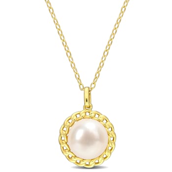 9-9.5MM Freshwater Cultured Pearl Halo Link Pendant with Chain in Yellow
Sterling Silver