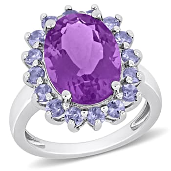 5 7/8 CT TGW Amethyst and Tanzanite Halo Cocktail Ring in Sterling Silver