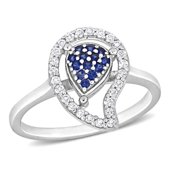 3/8 CTW Created Blue Sapphire and White Topaz Teardrop Ring in Sterling Silver