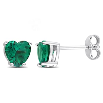 1 1/2 CT TGW Heart Shape Created Emerald Stud Earrings in Sterling Silver