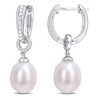 8-8.5 MM Freshwater Cultured Pearl and Diamond Accent Drop Hoop Earrings
in Sterling Silver