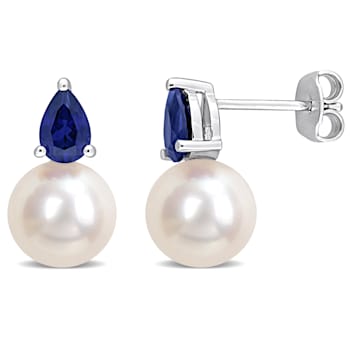 8.5-9MM Cultured Pearl and 1 1/3 CT TGW Created Blue Sapphire Stud
Earrings in Sterling Silver