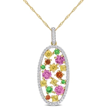 2 1/10 CT TGW Multi-Color Gemstone and 3/8 CT TW Diamond Pendant with
Chain in 14K Yellow Gold