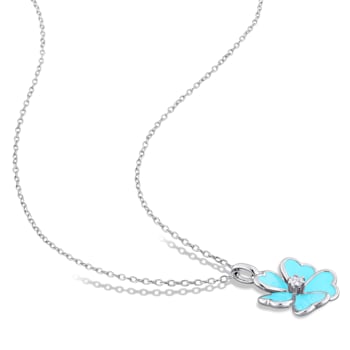 1/10 CT TGW White Topaz with Light Blue Enamel Flower Pendant with Chain
in Sterling Silver
