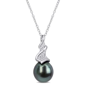 9-9.5MM Black Tahitian Cultured Pearl and  1/10 CT TW Diamond Pendant
with Chain in Sterling Silver