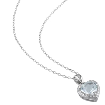 1 1/2 CT TGW Aquamarine Heart Halo Pendant with Chain in Sterling Silver