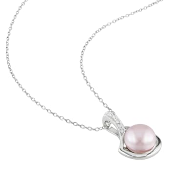 9-9.5MM Pink Freshwater Cultured Pearl and Diamond Pendant with Chain in
Sterling Silver