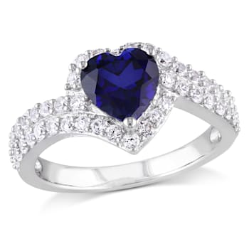 2 3/4 CT TGW Created Blue and Created White Sapphire Heart Halo Double
Row Ring in Sterling Silver