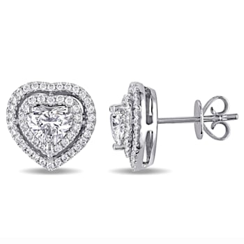 1 1/2 CT TDW Heart Shape Diamond Halo Stud Earrings in 14k White Gold