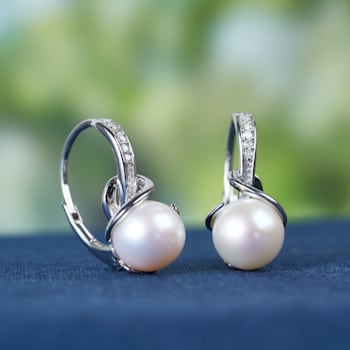 8-8.5 MM White Freshwater Cultured Pearl and Diamond Twist Earrings in
Sterling Silver