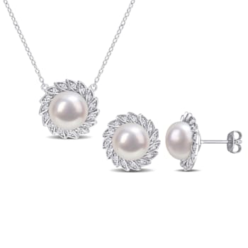 9.5-10MM Freshwater Cultured Pearl and Created Sapphire Earrings &
Pendant Set in Sterling Silver
